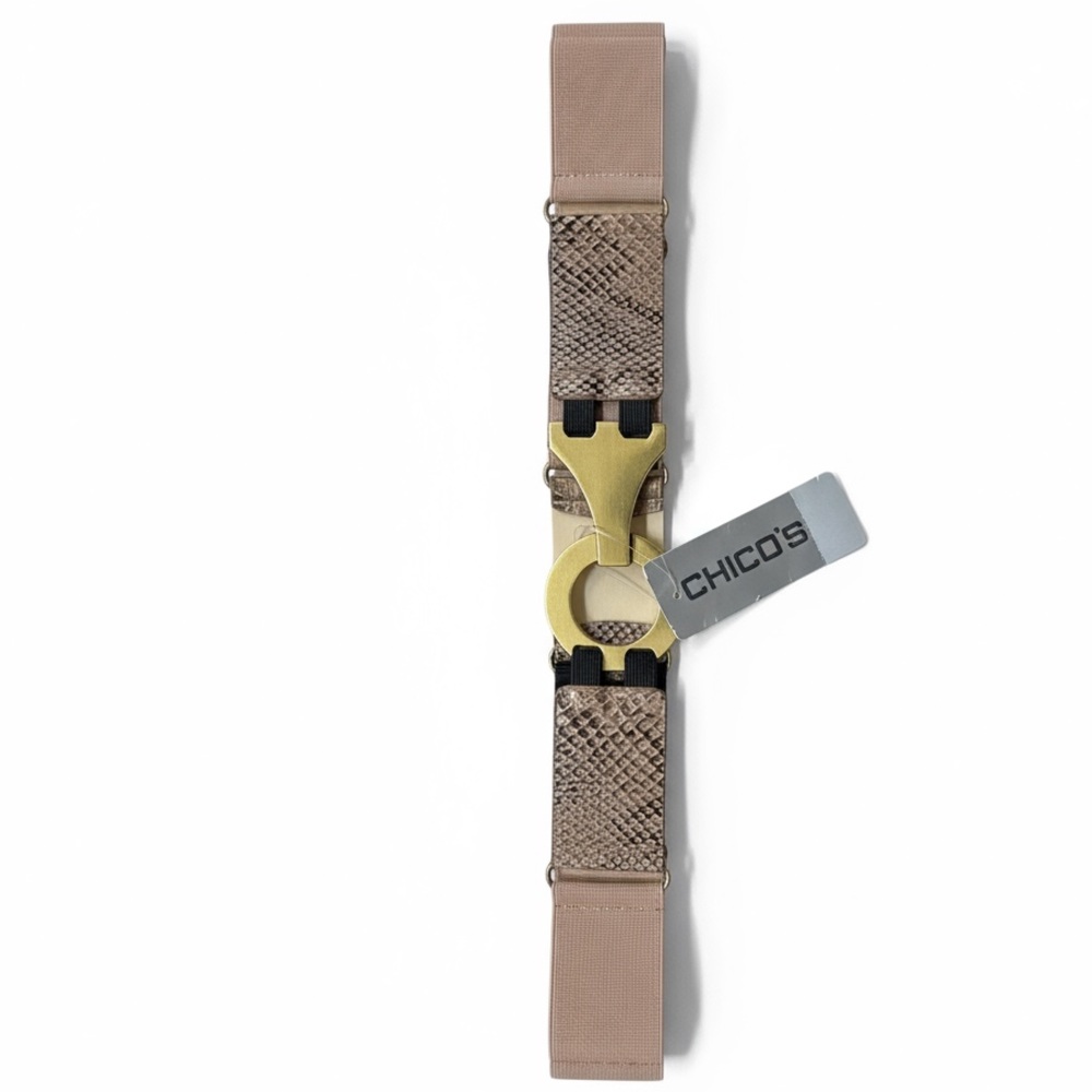 Chico's Lolina Stretch Gold Buckle Tan Snake Print Belt NWT Large